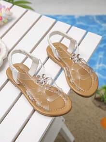 1 par de sandalias planas transparentes con decoración floral brillante y hermosa para niñas, estilo de hadas, muy adecuadas para el uso en verano - transparente - Ver 4
