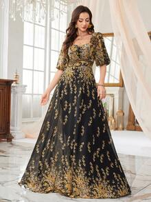 SUPGIR Women's [Random Cut] Square-Neck Bubble Sleeve Narrow Waist All Over Print Chiffon Temperament Formal Evening Dress - Black - View 1