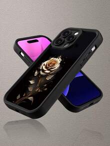 黑色背景上的金色玫瑰图案，兼容苹果 17、16、15、14、13、12、11、XS、XR、X、7、8 Mini、Plus、Pro、Max、SE 及相关系列。采用 TPU 材质，提供有效保护，简约设计，男女皆宜。 - 黑色 - 查看 5