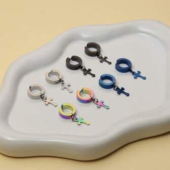 4对朋克风十字架不锈钢耳环，男女皆宜，多种颜色可选，适合日常佩戴或参加派对，也可作为礼物送给朋友。