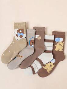 5 Pairs Of Women's Mid Length Socks With Cartoon Teddy Bear Pattern, Thickened Velvet, Suitable For Autumn And Winter, Home Sleep, Outdoor Activities, And Sports Youth (18-40 Years Old) - Multicolor - View 9