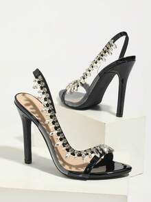 Jin Bei Qi 女士高跟鞋，圆头，漆皮，纯色，水钻链条装饰，透明玻璃鞋跟，踝带，露趾，户外派对，细高跟，时尚优雅魅力派对舞厅浪漫闪亮黑色高跟鞋 - 黑色 - 查看 6