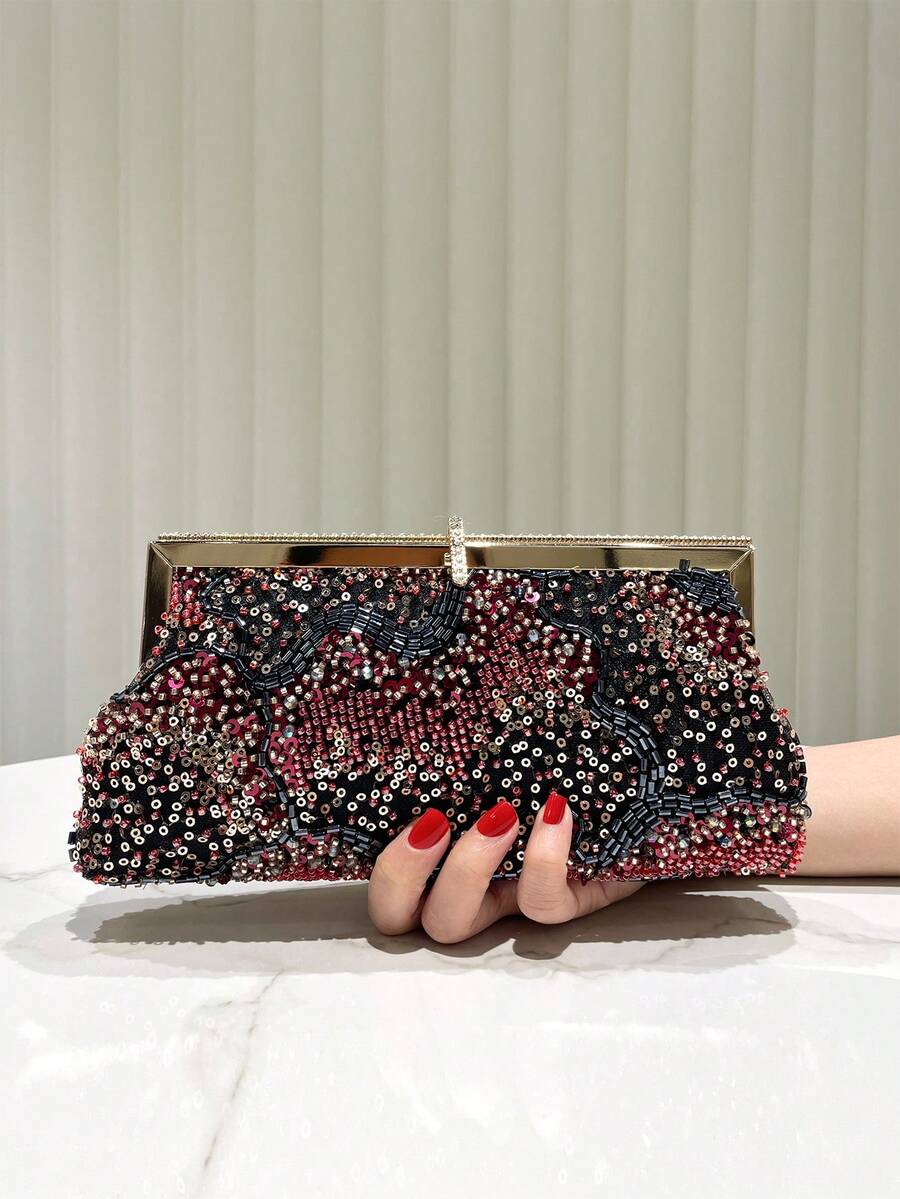 1 Túi cầm tay nhỏ đính đá lấp lánh, Túi xách dạ hội thanh lịch dành cho nữ dùng cho đám cưới, những dịp trang trọng, tiệc tùng, phù hợp cho phái đẹp - Màu Đỏ Sâu - Xem 1