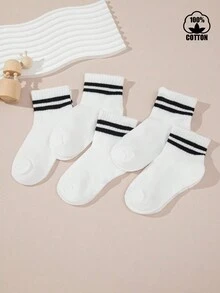 5雙兒童白色雙條紋薄款運動休閒百搭短襪 - 白色 - 查看 5