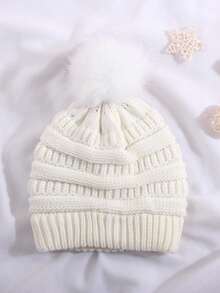 1pc Unisex Loose Knit Beanie - Striped Faux Fur Pom Pom Skull Cap, Warm Windproof Winter Hat, Suitable For Cold Weather And Skiing Trips - Horizontal Striped Pom-poms - View 8