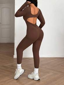 AiTyi 女士连体裤，修身休闲日常褶皱露背镂空舒适时尚性感修身户外运动百搭款，适合毕业、返校、圣诞节、新年、秋冬季针织长袖连体裤 - 棕色 - 查看 3