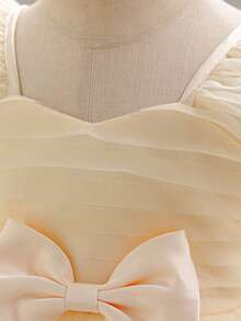 Baby Girls V-Neck Bow Ruffle Mesh Cute Wedding Dress, Suitable For Birthday Party, Excluding Headband - Champagne - View 6