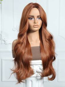 28 Inch Long Brown Synthetic Wig, Middle Part Blonde Curly Hair, Suitable For Women's Daily Wear, Cosplay, Natural And Realistic, Can Be Used For Halloween, Christmas, New Year, Carnival, Music Festivals, Ideal Gift For Girls, Summer Graduation, Holidays, And Perfect For Halloween And Christmas. - 臟橘色 - 查看 4