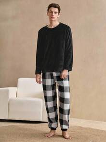 简约男士睡衣套装，保暖抓绒家居服，长袖宽松上衣和长裤，秋冬款