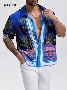 1pc Men's Collared Single-Breasted Long Sleeve Coconut Tree Print Casual Vacation Shirt, Stylish For Holiday Parties, Formal Events - Blue - View 5