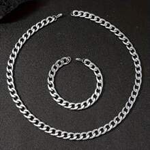 2pcs/Set Men's Necklace, Cuban Link Necklace And Bracelet Set - Heavy Interlocking Chain Design, Durable Polished Necklace, Fashionable Luxury Accessory, Suitable For Holidays And Daily Wear - Great Value