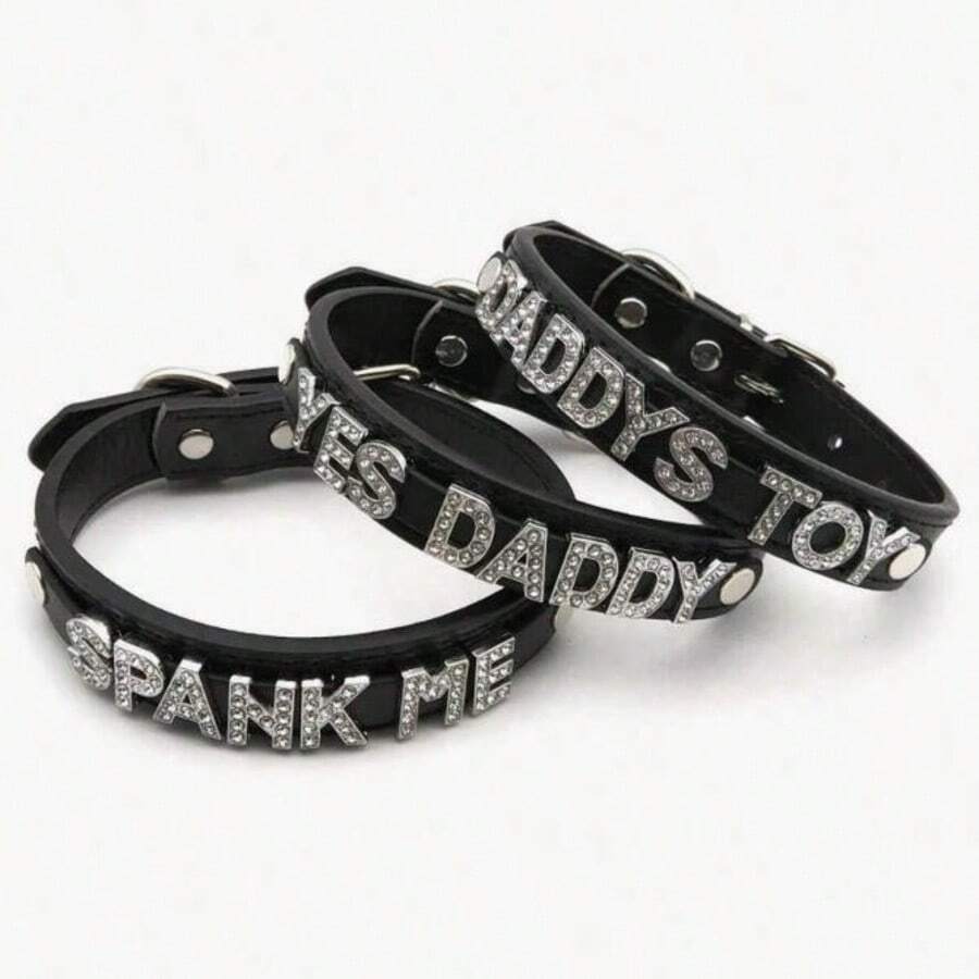 1件性感内衣配饰，水钻字母PU皮革项圈，男女通用朋克角色扮演黑色皮革项圈Cosplay配饰 - 彩色 - 查看 1