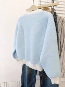A Foreign Ribbon Neck Cardigan - Blue - View 4