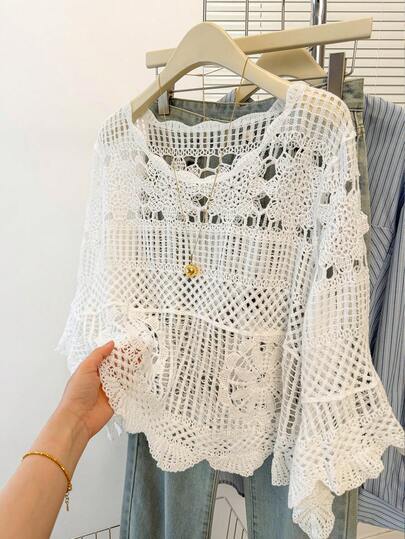 JIANHU Bohemian Style Crochet Hollow Knit Sweater - Lightweight Knitted Top For Spring & Autumn, Vintage Loose Pullover, Suitable For Layering With Casual Outfits White