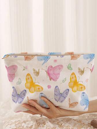 1pc Portable Butterfly Pattern Double-Sided Print Zipper Cosmetic Bag, Multi-Functional Travel Toiletry Organizer