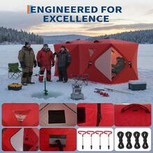 Insulated Ice Fishing Shelter 6-8 Person, Quick Setup Portable Hub Tent, Windproof Thermal Shanty For Winter Ice Fishing With Carry Bag - Red - View 3