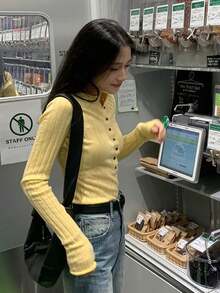 简约设计修身针织毛衣，女式，修身长袖打底衫，秋冬 - 黃色 - 查看 3