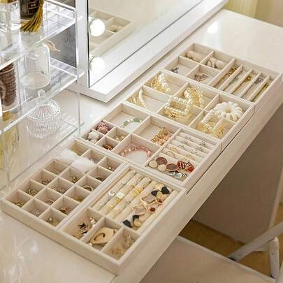 Bandeja de joyería de terciopelo apilable, caja organizadora de cajones, caja organizadora de cajones para joyería, estuche de exhibición, puede almacenar aretes, collares, anillos, pulseras, con divisores extraíbles, regalo para mujeres, caja organizadora para mujeres, esencial de viaje, esencial de vuelta a la escuela