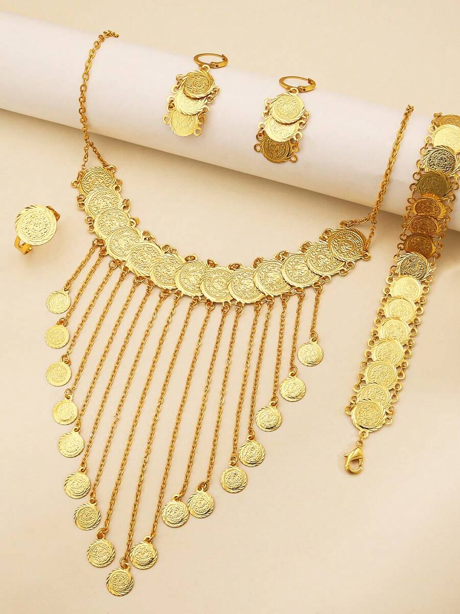 Bộ trang sức cổ điển hình đồng xu 5 món, gồm dây chuyền, vòng tay, bông tai và nhẫn mạ vàng đồng. Được trang trí bằng họa tiết hình tròn. Thích hợp cho phụ nữ Ả Rập và Trung Đông đeo hàng ngày. - Vàng - Xem 1