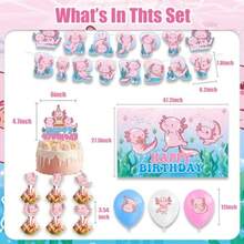 D42Pcs Axolotl Birthday Decorations Including Birthday Banner Axolotl Cake Topper Balloons Backdrop Plies Pink Cute Animals Baby Shower Decorations - Pink346 - 查看 2