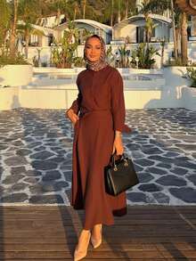Ramadan Elegant Women's 2-Piece Set, Shirt Collar Button Front Pocket Blouse And A-Line Skirt, Loose Casual Outfit