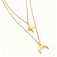 1 Set Collar de capas de oro para mujer, colgante de estrella & luna, chapado en oro de 18K, adecuado para regalos, accesorio de collar exquisito para uso diario & festivo - Dorado - Ver 7