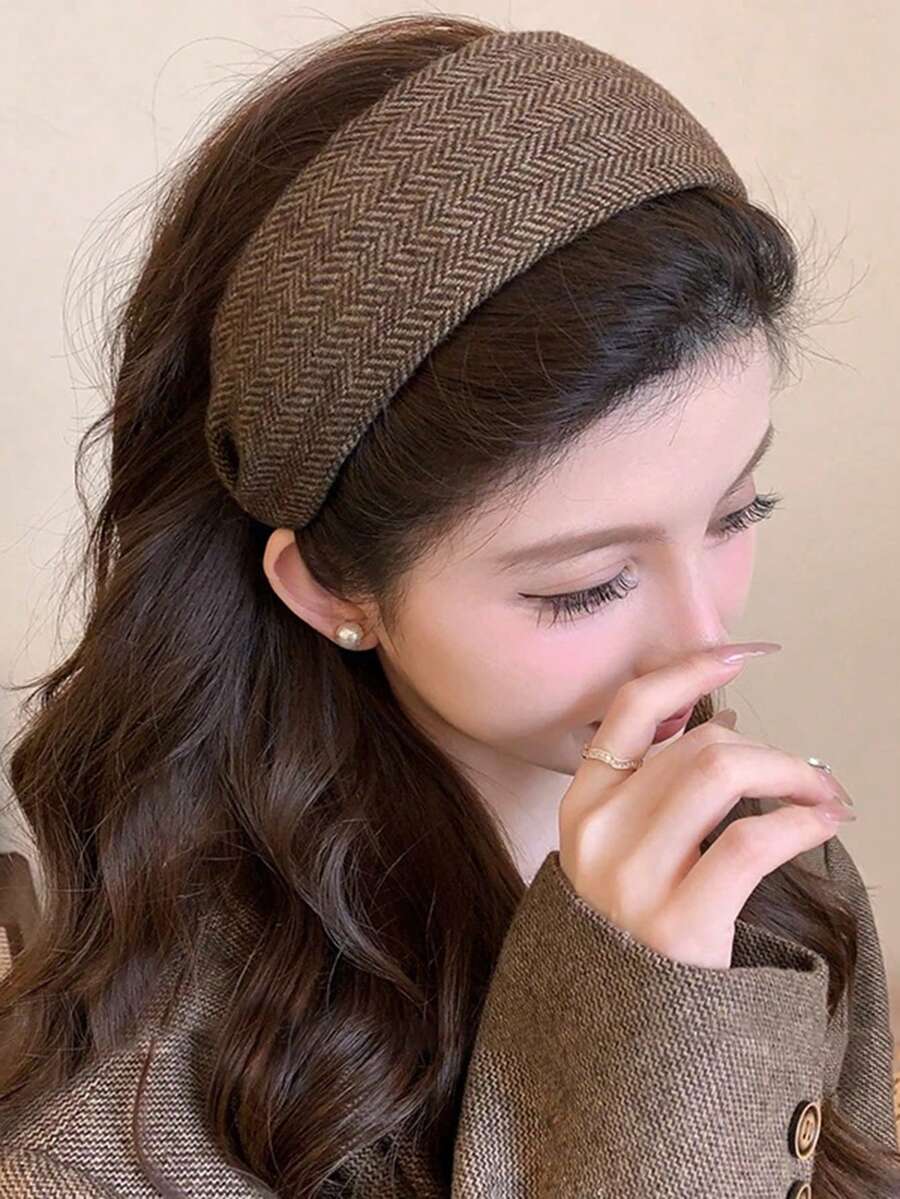 1pc Elegant High-Quality Brown Knitted Striped Wide Headband, Autumn/Winter Head Accessories Hairband - Brown - View 1