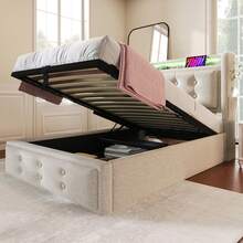 Upholstered Bed 90x200, Single Bed With LED Headboard And USB C Charging Function, Hydraulic Bed With Wooden Slatted Base And Metal Frame, Load Capacity 150 Kg, Beige, Cotton (Mattress Not Included) - Beige + Cotton Linen - View 10