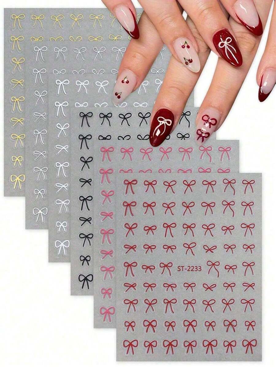 Valentine's Day Bow Nail Stickers, For Women, Self-Adhesive 3D Bow Nail Art Stickers, Cute Ribbon Nail Art Stickers, DIY Nail Design, Nail Art Supplies - Multicolor - View 1