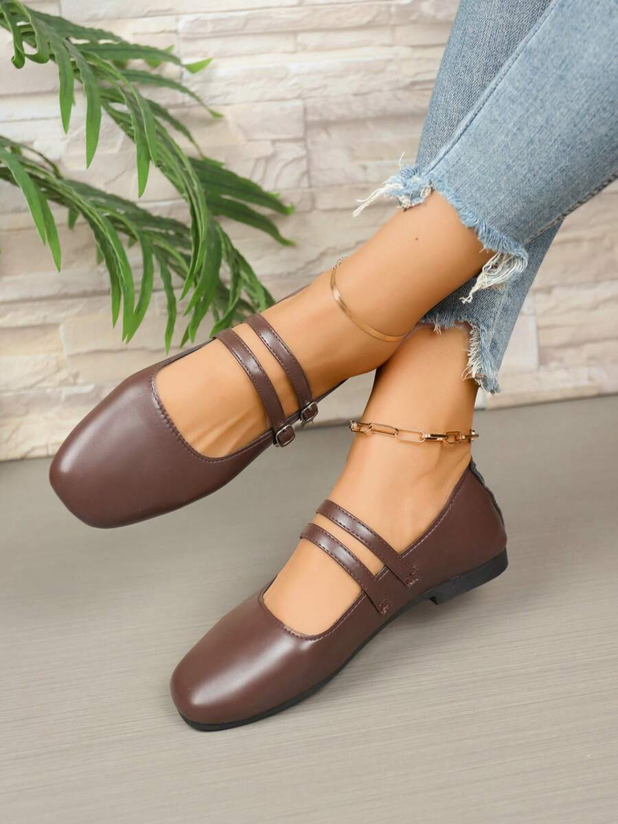 Vintage Square Toe Double Buckle Mary Jane Women's Shoes, Shallow Cut Flat Soft Leather Loafers, Low Heel Comfortable Versatile Ballet Shoes, Daily Commute Casual Women's Shoes, Multiple Colors Available