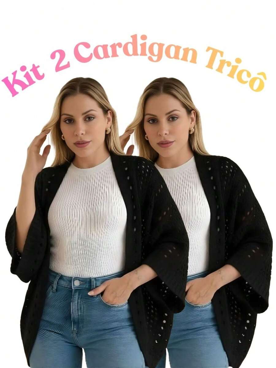 Set Of 2 Women's Cardigan Blouses, Knitted Cape, Openwork Knit, Autumn - 黑/黑 - 查看 1