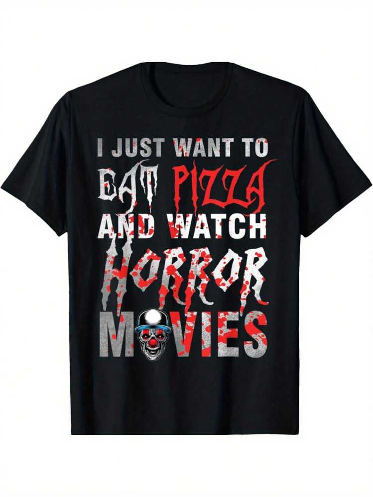 I Just Want To Eat Pizza Watch Horror Movies Halloween T-Shirt - Black - View 6