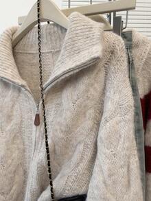 JIANHU Áo khoác cardigan dệt kim màu mơ có khóa kéo - Áo khoác cardigan cỡ lớn thu/đông, chợ Giáng sinh và phong cách đường phố - Màu be - Xem 9