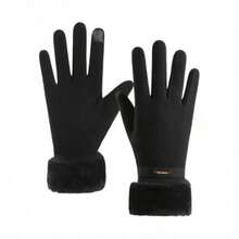 优雅奢华仿毛皮和绒面革抓绒纯色冬季保暖帽和触屏手套套装 - 抓绒袖口和金属扣细节，防寒保暖，适合女性日常通勤和圣诞派对冬季配饰套装 - 彩色 - 查看 14