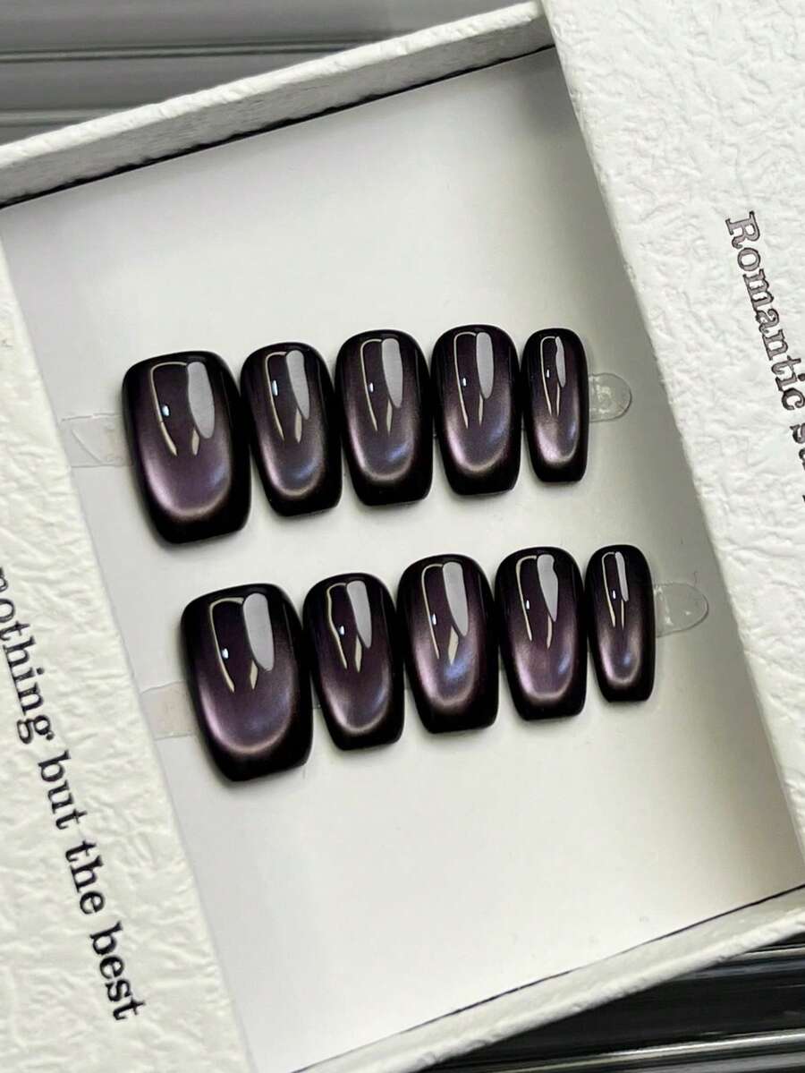 10 miếng dán móng tay acrylic vuông thủ công, tùy chọn độ dài ngắn/trung bình, móng tay màu tím tối giản, móng tay mắt mèo bóng bẩy, móng tay thủ công sang trọng, miếng dán móng tay mùa thu, thẩm mỹ dễ thương, móng tay đa năng, móng giả tự làm, phù hợp cho tiệc tùng, sử dụng hàng ngày, hẹn hò, đi biển, kỳ nghỉ nhiệt đới, có thể tái sử dụng, quà tặng cho phụ nữ và bé gái, dụng cụ làm móng nghệ thuật. - Màu tím - Xem 1
