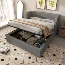 Upholstered Double Bed 180x200 With Hydraulic Storage, Black Frame With Slatted Base, Wide Side Panels And Removable Grey Linen Cover (Mattress Not Included) - Gray + Linen - View 12