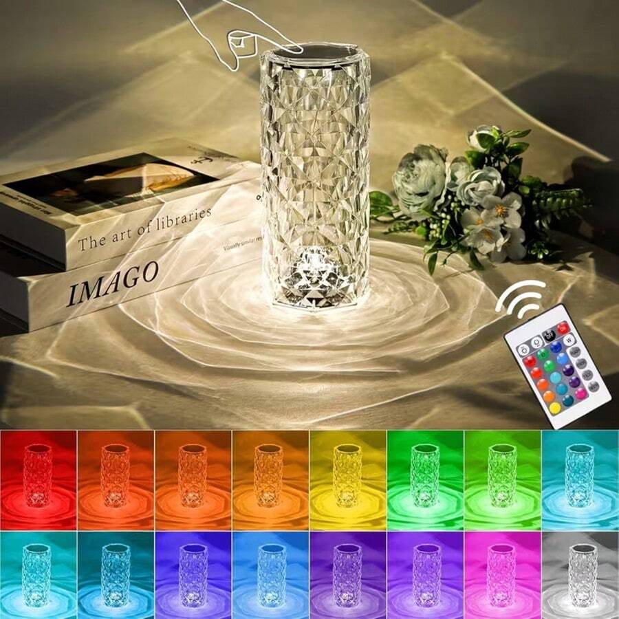 Crystal Rose Night Light, 16-Color Remote Touch Dimmer Bedside Lamp, RGB LED Night Light, Adjustable Brightness, USB Rechargeable, Ideal For Bedside, Room, Or Party Lighting - Halloween, Christmas, And Holiday Decorations - ánh sáng màu - Xem 1