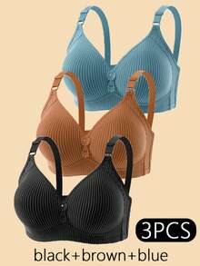 3pcs Striped Plus Size Bra Without Steel Ring Geometric Design, Women's Gathering Bra - Nhiều màu - Xem 9