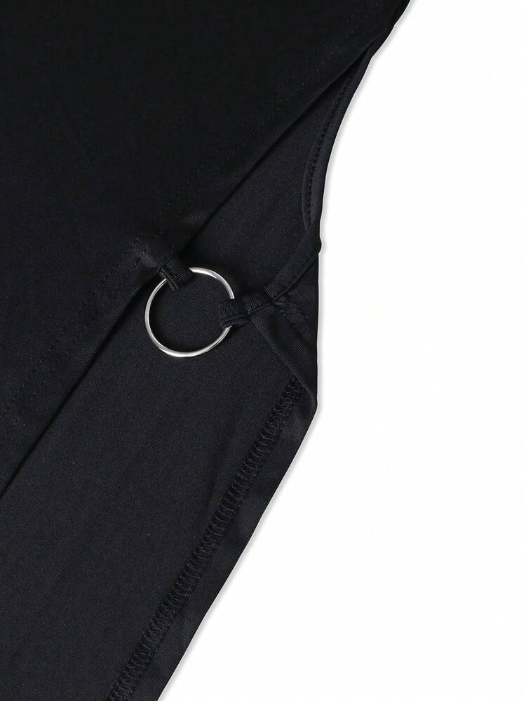 Vestido corto y elegante de unicolor y talla grande con cuello cuadrado, manga corta y abertura alta en la Bottom, adecuado para primavera/verano, citas, fiestas/discotecas, Año Nuevo, color negro - Negro - Añade 5