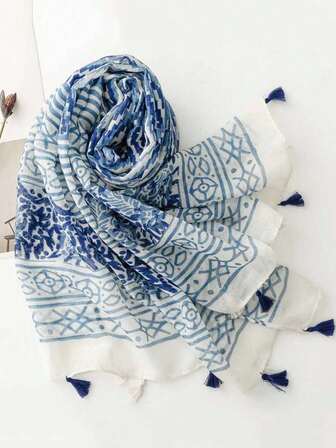 1 pieza Chal/Bufanda ligera con estampado geométrico y flecos