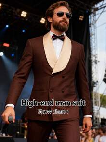 Men's Double Breasted Suit Set, Champagne Shawl Collar Waffle Texture Blazer Jacket & Matching Pants, 2-Piece Formal Wedding & Business Tuxedo - Cà phê nâu - Xem 3