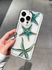 Étui de téléphone transparent avec design d'étoile de mer vert océan, compatible avec Apple 17/16, 14/13 Pro Max, 12 Pro, 11, Xr, Xs, 7/8 Plus, S10, S22, A12, A50, A52, S24, A135G et plus. Matériau TPU avec coussin d'air