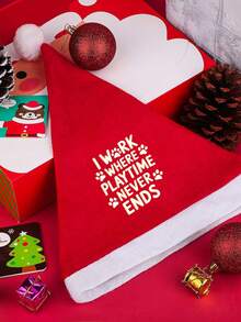 I Work Where Playtime Never Ends Santa Hat Confortable Velvet Red Christmas Hat For Christmas Party Favors Fit For Adults And Kids - 紅白色 - 查看 5