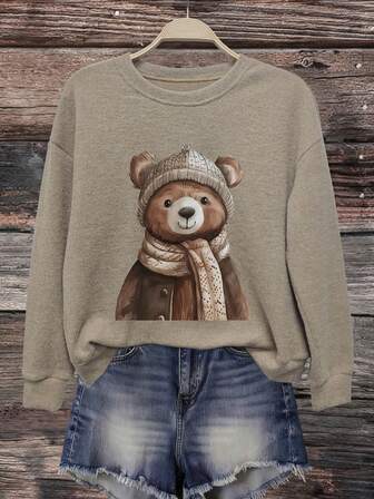 Ladies' Casual, Fashionable And Elegant Imitation Sweaters, Suitable For Parties, Comfortable Family Gatherings, Daily Wear, Cartoon Bear Pattern Prints, Soft And Comfortable Fabric, Autumn And Winter Clothing, Outerwear, Patterned Tops