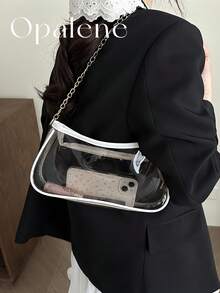 Fashion Contrasting Border Transparent Splicing Vacation Chain Shoulder Bag, Chain Decor Clear Square Bag, Waterproof, Sandproof Transparent Bag, Beach Sports Picnic Snacks Clear Purse For Women, Suitable For Shopping, Young Women, College Students, Newcomers, White-Collar Workers. They Are Very Suitable For Offices, Universities, Work, Business, Commuting, Outdoor Activities, Travel, And Outings - 彩色 - 查看 2