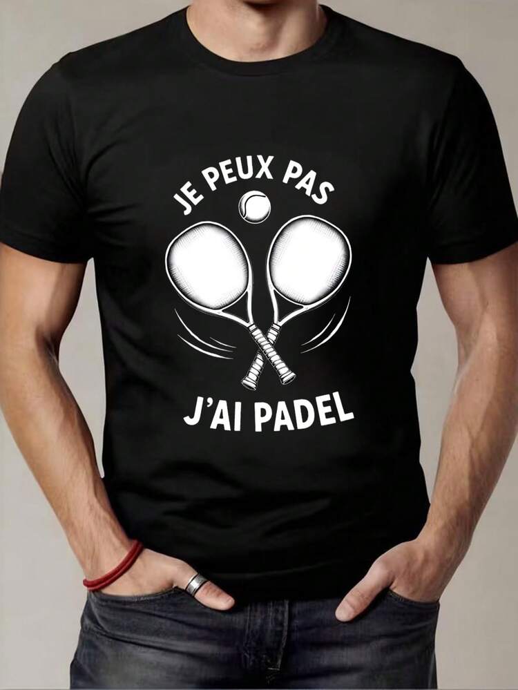 Black T-Shirt With Padel Racket Print And French Text For Sporty Men - Black - View 1