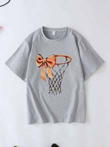 Clothes Street Fashion Bow Tie And Basketball Hoop Pattern Print Plus Size Loose T-Shirt Painting Style Patterns,Girl's Solid Color T-Shirt , Suitable For Daily Wear, Going Out, Party, School, Attending Music Festivals, Vacation, Commuting. Can Be Given As A Gift To Family, Boyfriend,Girlfriend, Friends,Girls Winter Clothes,Essentials Hoodie