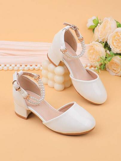 Girls' Sweet Floral Dress Shoes For Wedding, Party, Holiday, Suitable For Toddler, Little & Big Girls, Classic Comfortable Versatile White Pearl Pumps, Formal Occasion, Recital, Ballet, Princess Shoes, Glossy Peep Toe Shoes