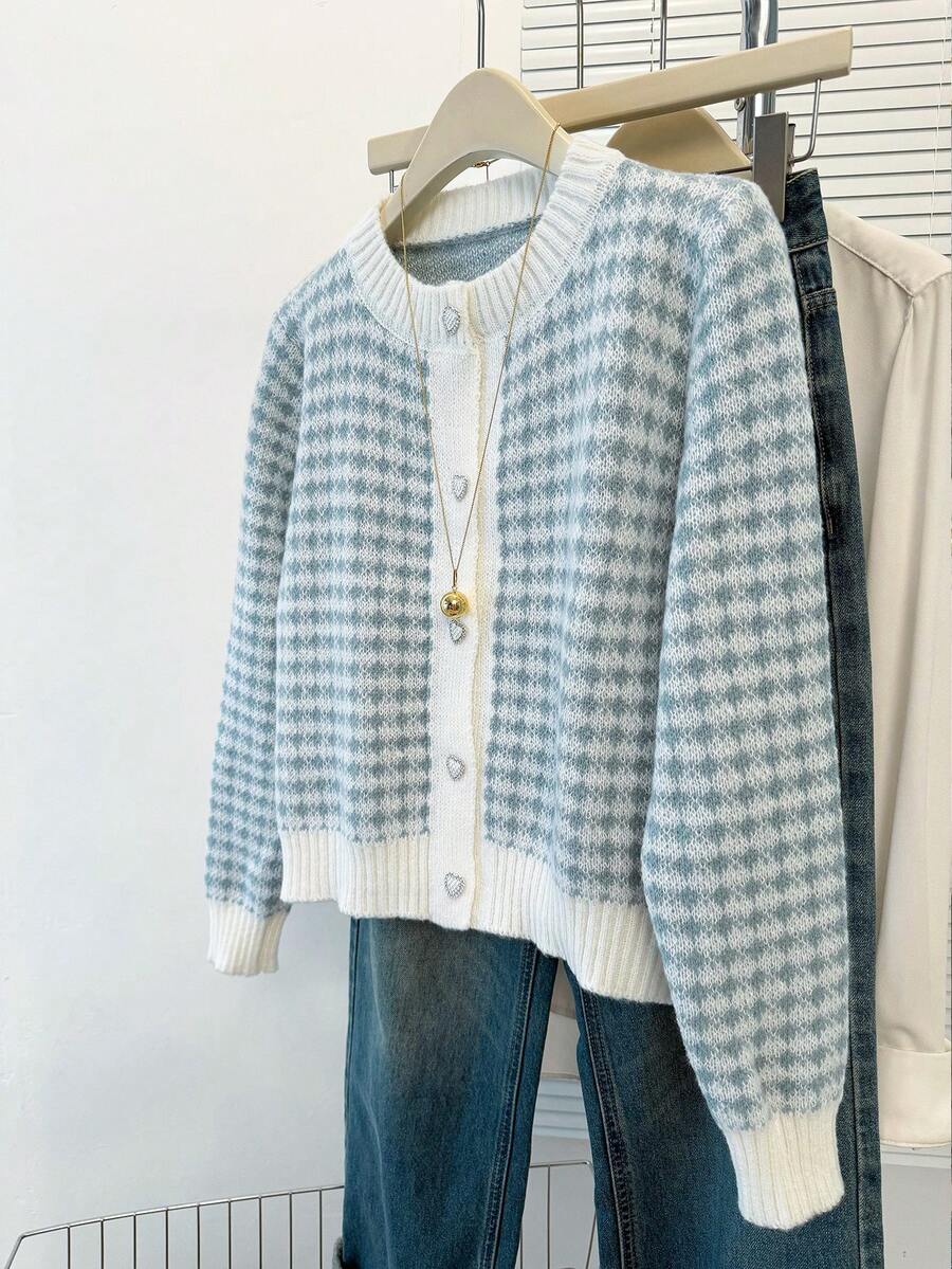 JIANHU 春季新款粉白格子心形纽扣毛衣开衫甜美少女风柔软复古长袖针织衫 - 新藍色 - 查看 1