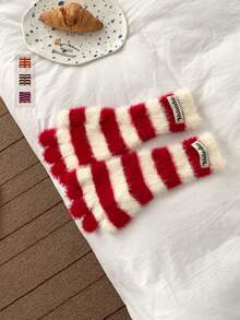 1 Pair Cute Rainbow Striped Faux Fur Knitted Fingerless Gloves For Women, Autumn/Winter, Student, Cycling, Warm, Touchscreen - Striped Faux Rabbit Fur Knitted Gloves - View 5